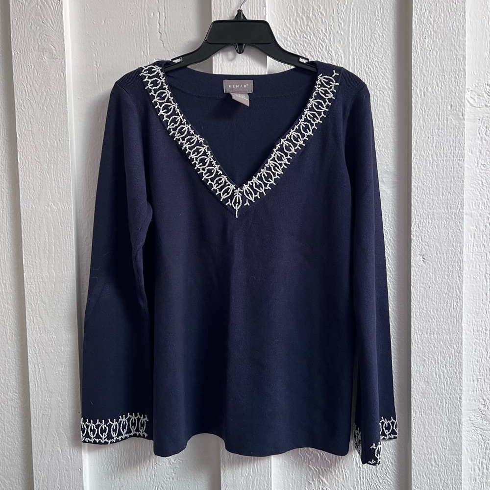 Kenar Navy Blue V-Neck Beaded Sweater - XL